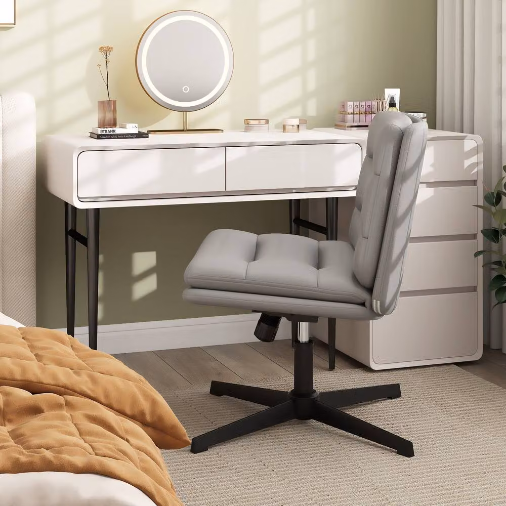 Gymax Height Adjustable Mid-Back Cross Legged Makeup Vanity Chair in Grey PU Leather – 3