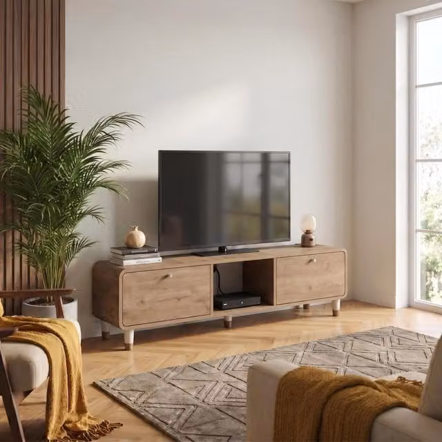 Decortie Doro TV Unit with Cupboard and Open Shelf in Natural Oak, W: 150 cm, H: 41 cm, D: 34 cm