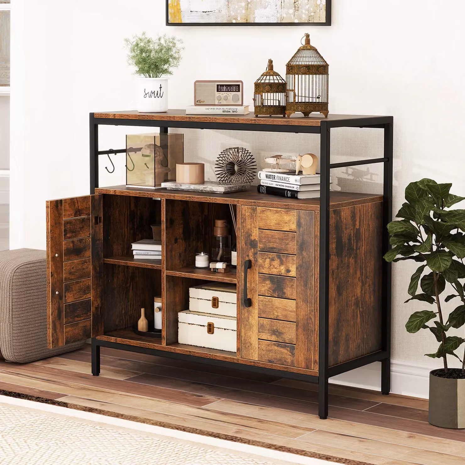 Costway Industrial Buffet Cabinet and Coffee Bar in Brown with 2 Doors and Adjustable Shelves – 8