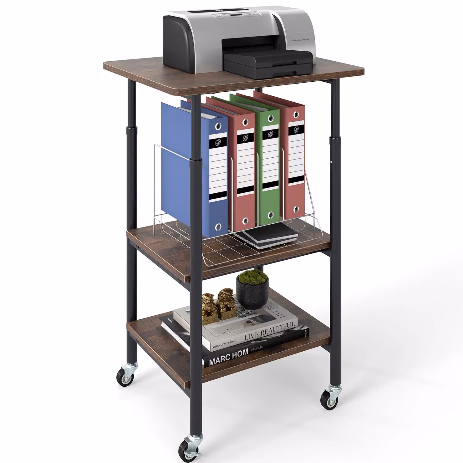 Costway 3-Tier Height Adjustable Printer Stand and Cart with Storage in Brown – 7