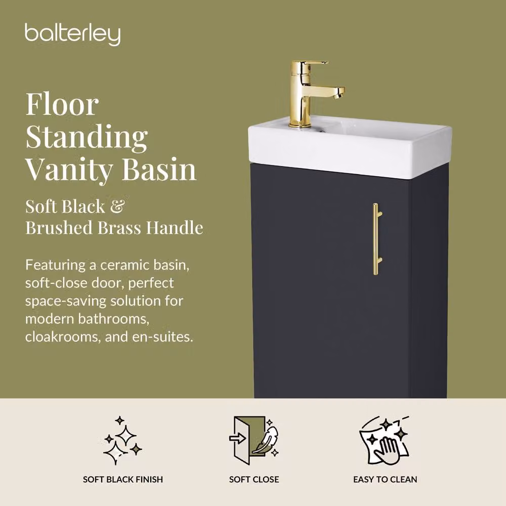 Balterley Grey Floor Standing Vanity Basin with Satin Soft Black Finish and Brushed Brass Handle, Width: 40 cm, Height: 86.1 cm – 2