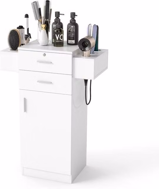 Costway White Locking Beauty Salon Storage Cabinet and Styling Equipment Station with Hinged Doors and Drawers – 1