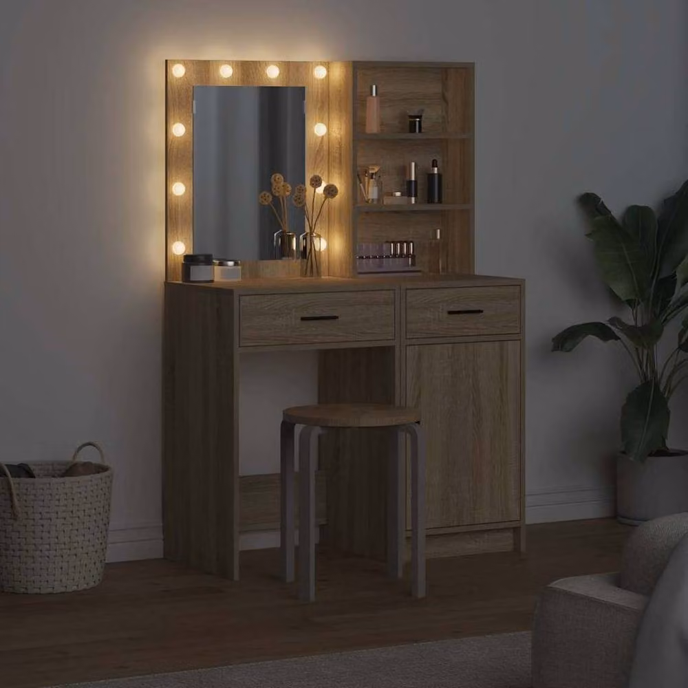 Berkfield Home 2 Piece LED Dressing Table Set in Light Oak Sonoma Oak Engineered Wood – 2