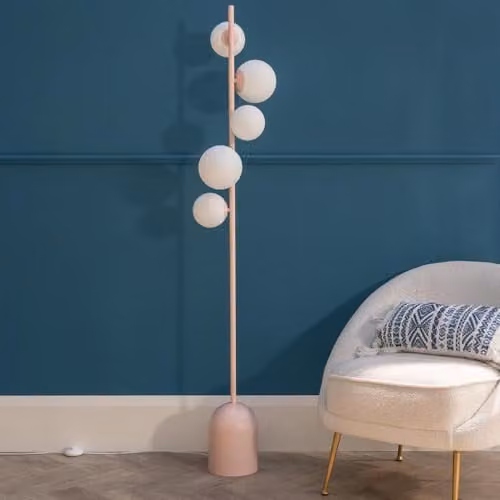 ValueLights Blush Pink 5 Way Metal Standing Floor Lamp with Glass Globe Lampshades and Warm White LED Bulb – 2
