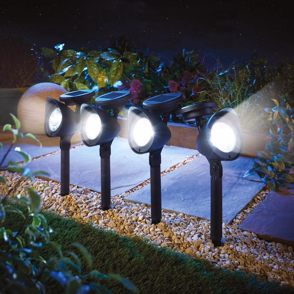 mysmartbuy Pack of 4 Black Solar LED Directional Spotlights with Adjustable Ground Spikes and Dusk Sensor – 4