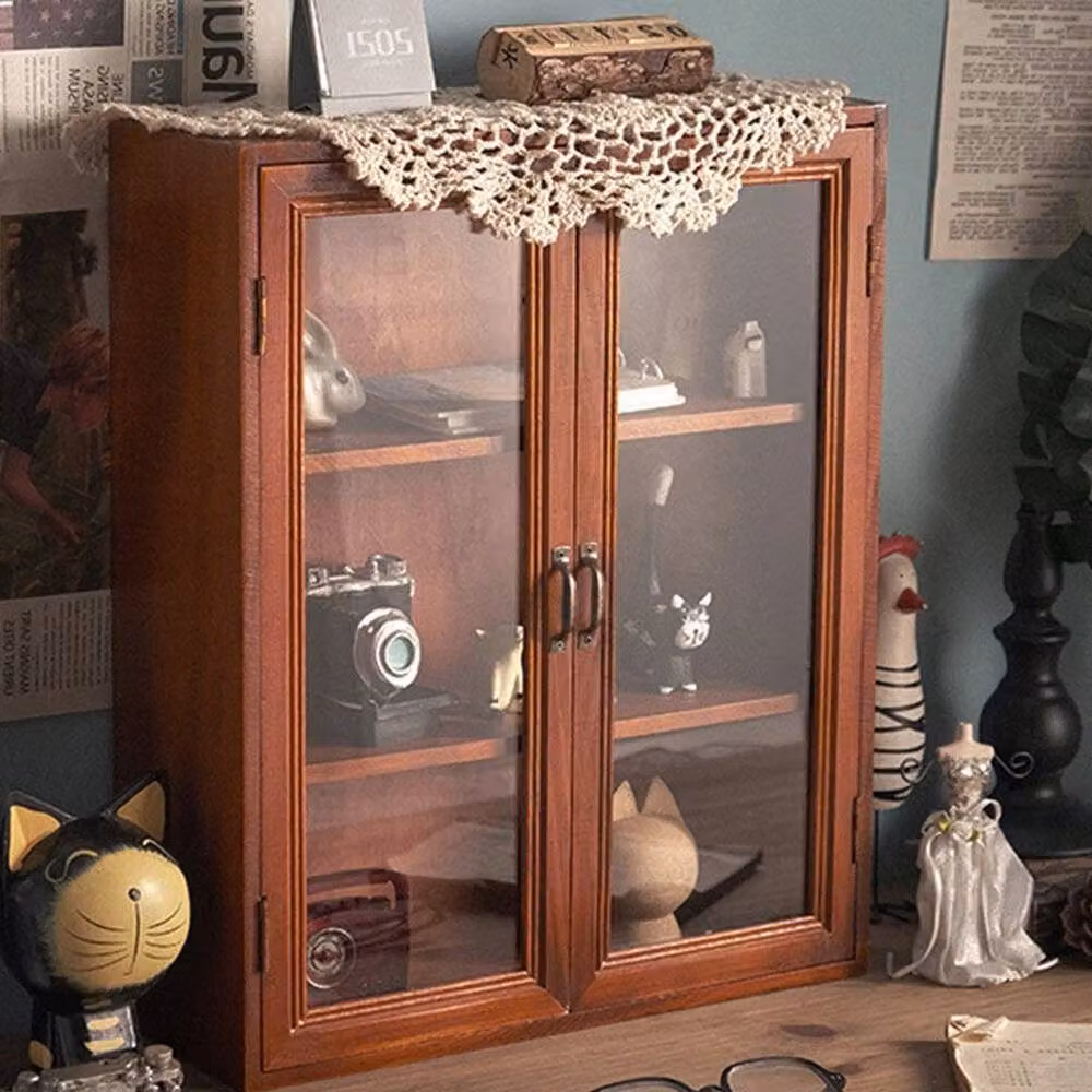 KORVIXA Vintage 3-Tier Wooden Storage Cabinet with Glass Doors in Brown, Width: 100 cm – 3