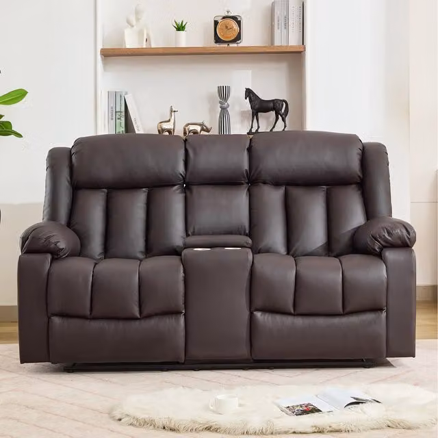 Sheridan 2 Seat Manual Recliner Sofa with Home Cinema Console in Brown Synthetic Leather