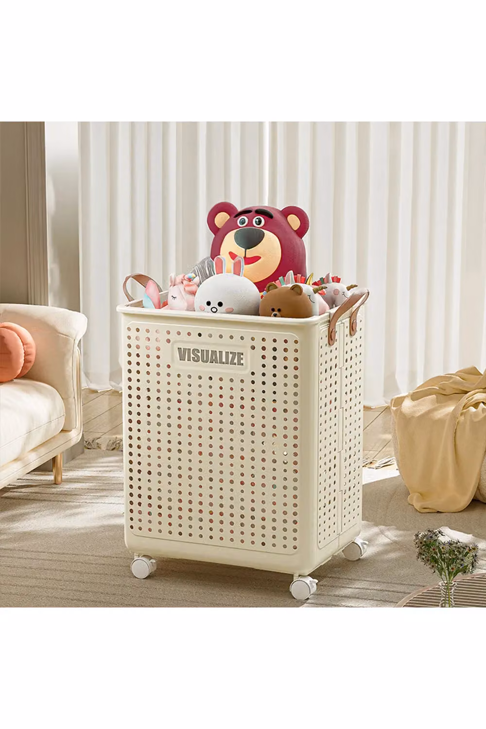 Living and Home Foldable Laundry Basket with Wheels and Handles, Beige – 2