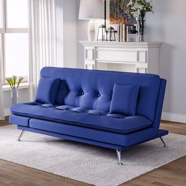 Livingandhome 3-Seater Blue Flannel Plush Tufted Click-Clack Sofa Bed