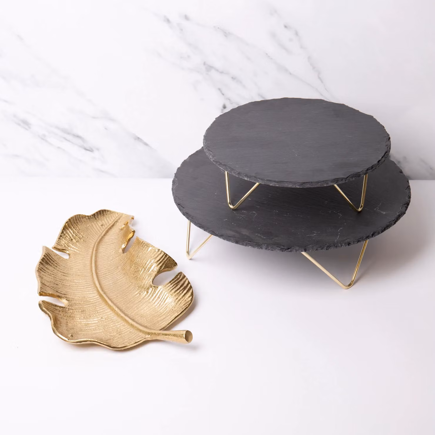 Artesa 2-Piece Serving Set featuring a 2-Tiered Black Slate Stand and Gold Leaf Cast Aluminium Plate – 2
