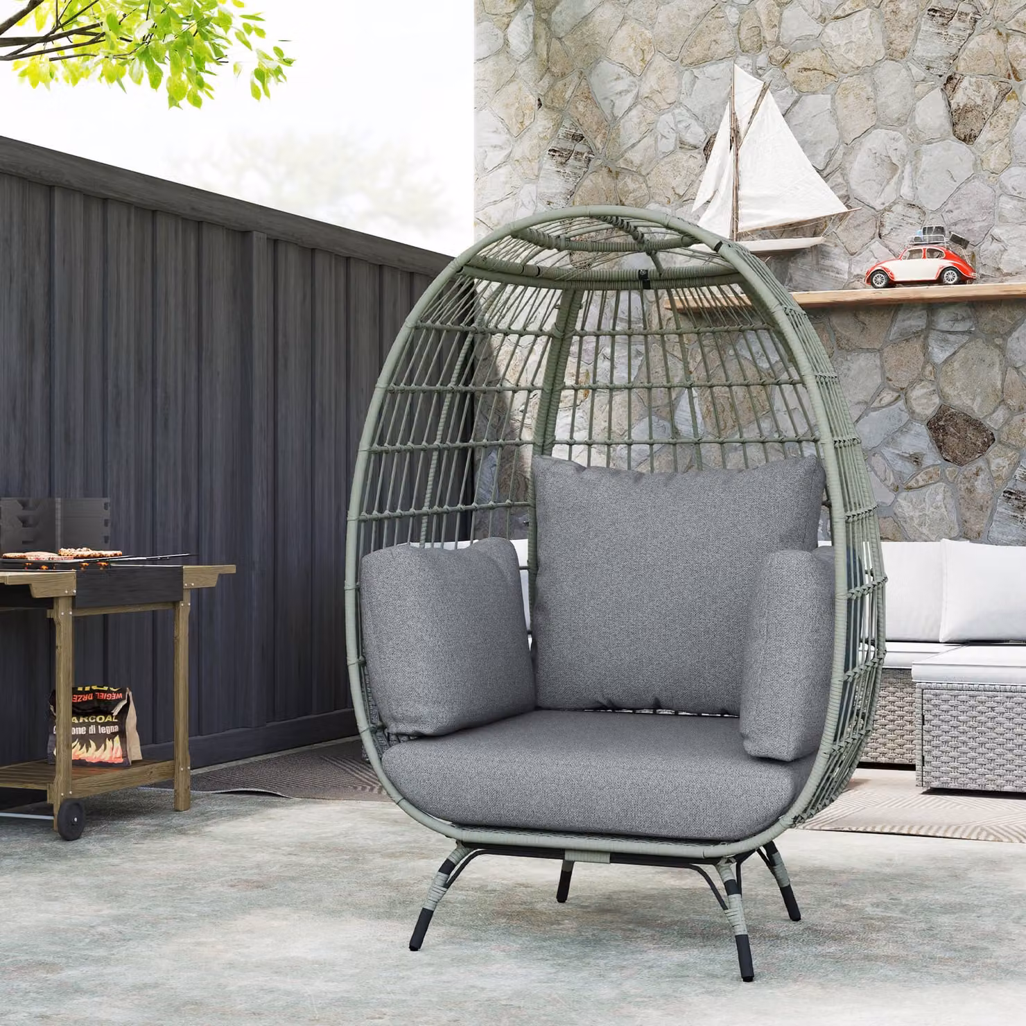 Outsunny Rattan Egg Lounge Chair with Cushions and Armrests, Charcoal Grey – 7