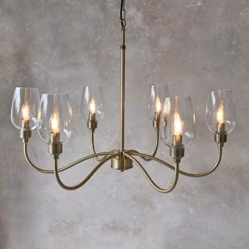 Merano Livorno Multi Arm Pendant Ceiling Light in Antique Brass and Clear Glass, Dimmable E14 Hanging Lamp, H: 73-210 cm – 2