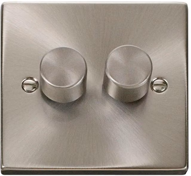 SE Home 2 Gang 2 Way LED 100W Trailing Edge Dimmer Light Switch in Satin Brushed Chrome and Metallic Silver