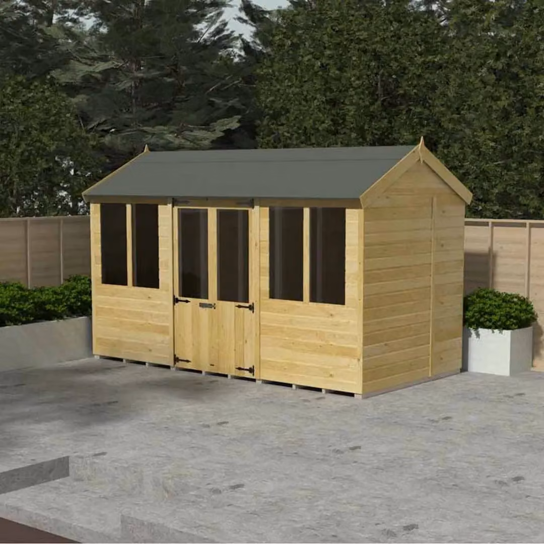 Buttercup Farm Apex Summer House in Brown Wood, W/D/H: 231 x 243 x 217 cm – 2