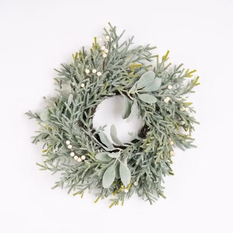Scottish Everlastings Ltd Pre-lit Frosted Round Wreath with Lambs Ear in Green, Diameter: 45 cm