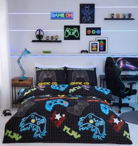 Rapport Home Gamer Single Duvet Cover and Pillowcase Set, Black and Multicolour Microfibre Polyester Bedding, Duvet Cover: 135 x 200 cm, Pillowcase: 50 x 75 cm – 1