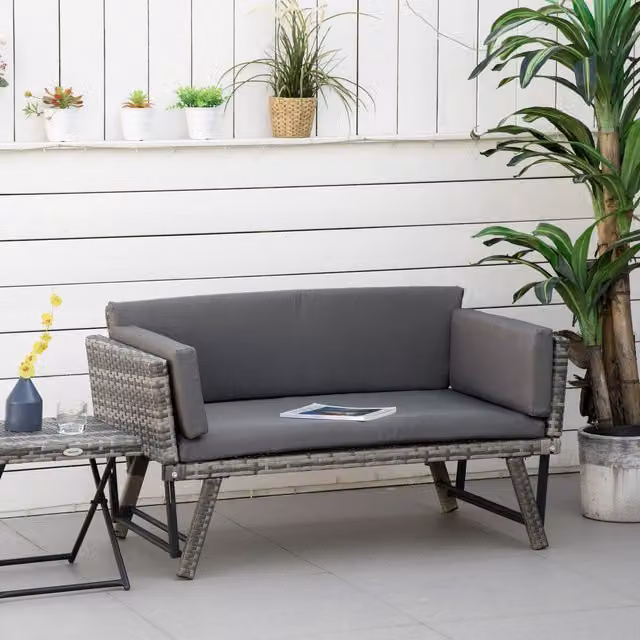 Outsunny Wicker Convertible Sofa Bed with Rattan Chaise in Grey