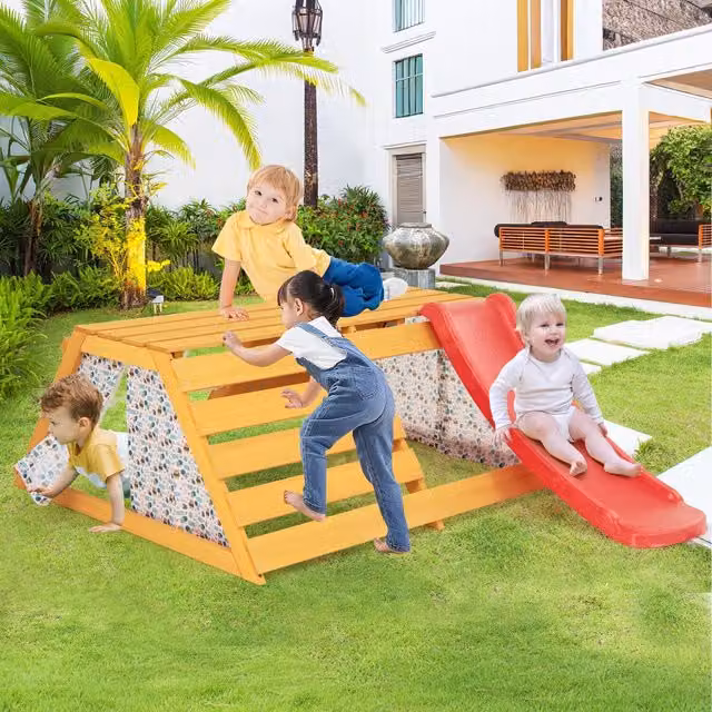 Costway 5-in-1 Wooden Jungle Gym Climbing Frame with Slide in Brown