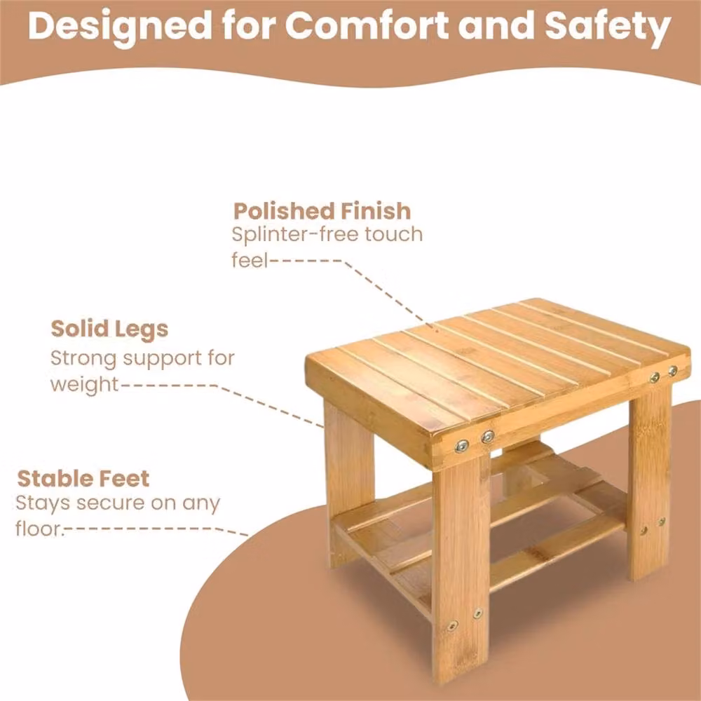 Nordara Bamboo Step Stool Seat with Storage Shelf in Beige – 2