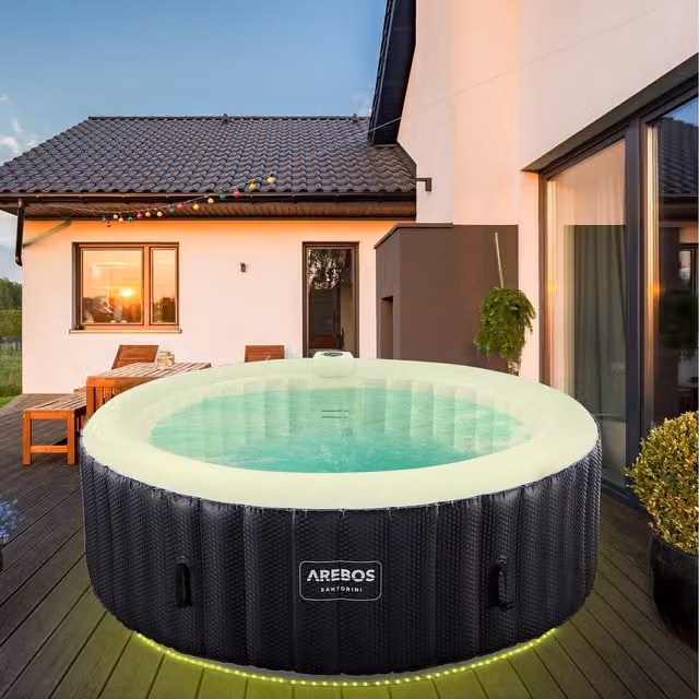 AREBOS Inflatable Round Whirlpool Spa Pool Hot Tub with LED Lighting, Black