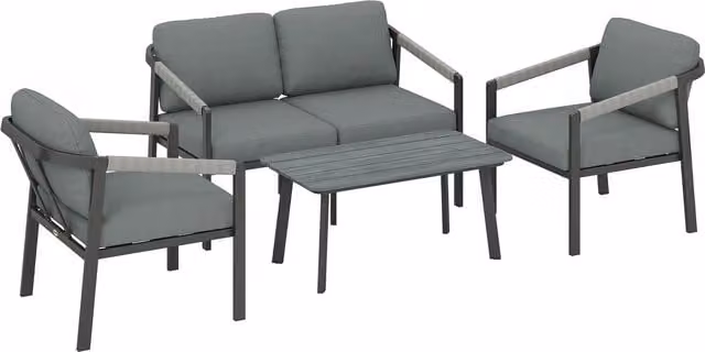 Outsunny 4 Seater Grey Aluminium Garden Furniture Set with Upholstered Cushions, 2 Seater Sofa, 2 Armchairs and Coffee Table