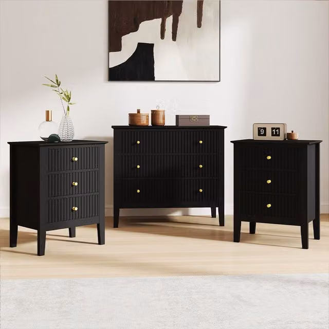 Melody Maison Hales Black Matt 3 Drawer Chest and Pair of Bedside Tables