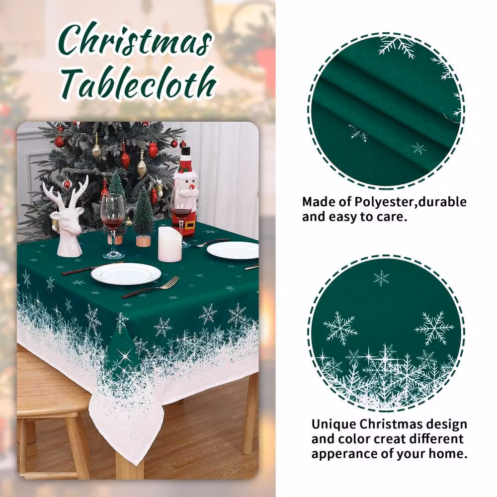 London Boutique Snowflake Christmas Tablecloth in Green and White, W x W: 137.16 x 137.16 cm – 4