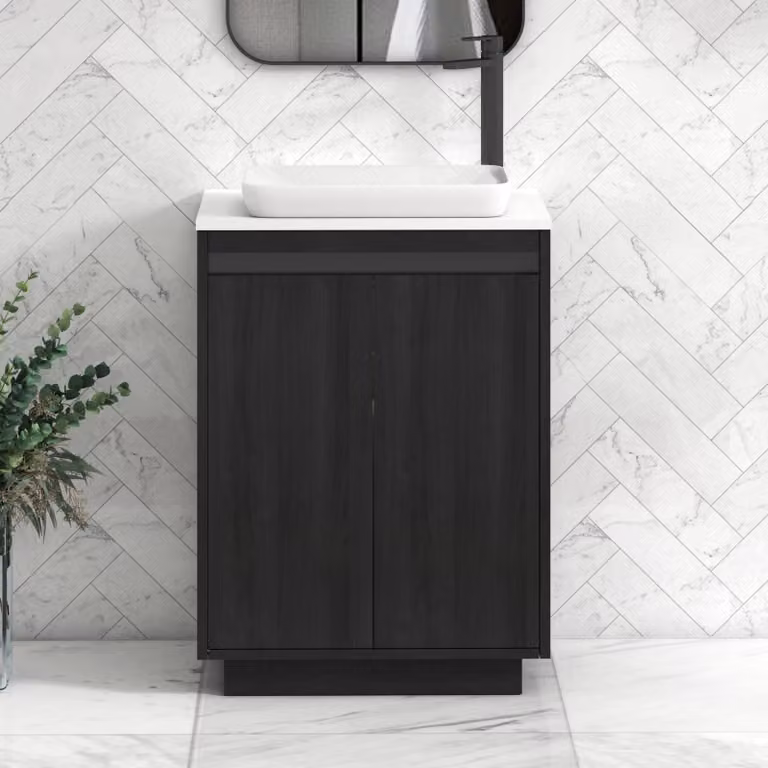 Royal Bathrooms Orion 600mm Hale Black and Plain White Floor Standing 2 Door Vanity Unit with Qubix Basin and Black Accent Trim