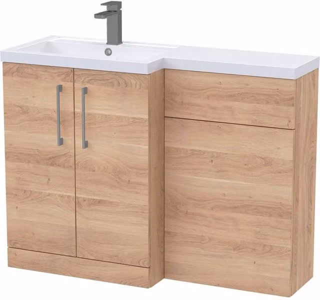 Balterley Modern Freestanding Left-Hand Vanity Unit in Matt Brown Woodgrain Light Oak, W: 110 cm, H: 84 cm