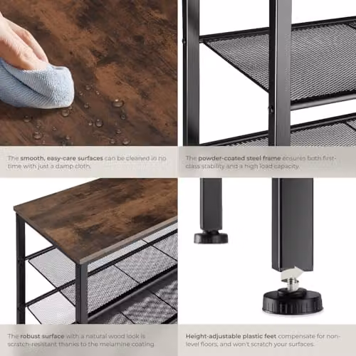 tectake Newport 4-Tier Industrial Shoe Rack with Wood-Look Top and 3 Mesh Shelves, Black and Brown, W: 80.5 cm, D: 30.5 cm, H: 72.5 cm – 5