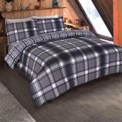 Dreamscene Aspen Grey Checked 100% Brushed Cotton Flannelette Single Duvet Cover and Pillowcase Set – 1