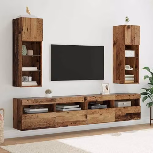 vidaXL Set of 2 Modern Wall-Mounted TV Cabinets in Old Wood Brown with Integrated Lighting and Glass Doors – 2