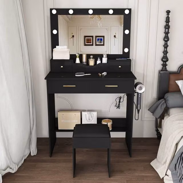 Rolipo Black Modern Makeup Vanity Desk with Hollywood LED Lights and Stool