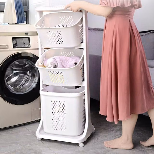 Livingandhome Multifunction Laundry Hamper Storage Trolley with Wheels and Handles, Grey, Height: 110 cm