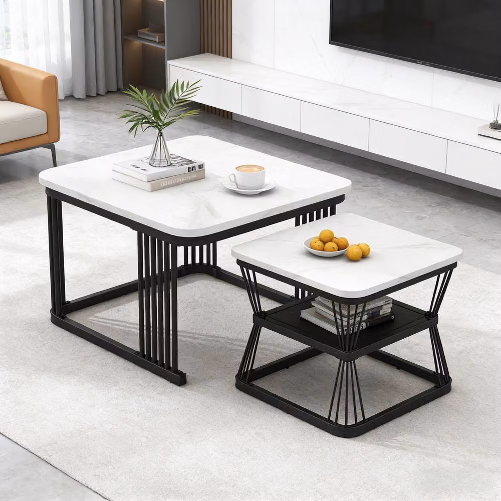 BTM Set of 2 Square Nesting Tables in White and Black with Marble Effect MDF Tops and Metal Frames – 3