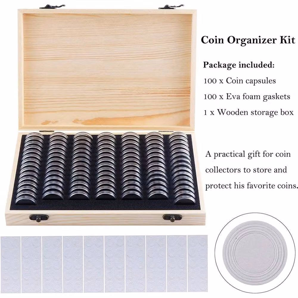NESTLUNE 100-Piece Wooden Coin Display and Storage Box with Transparent Capsules in Natural Beige – 4