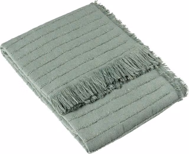 Hazie Woven Striped Fringed Throw in Eucalyptus Green