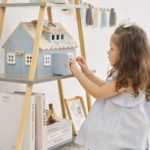 Teamson Kids Olivia’s Little World Portable Wooden Dollhouse in Blue with 4 Rooms, 4 Wooden Figurines and Furniture Accessories – 2