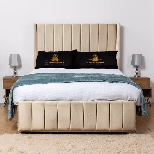 UK Bed Furniture Arizona Wingback Divan Bed Base with 54 Inch Headboard in Beige, Size: Single, W/D: 90 x 200 cm