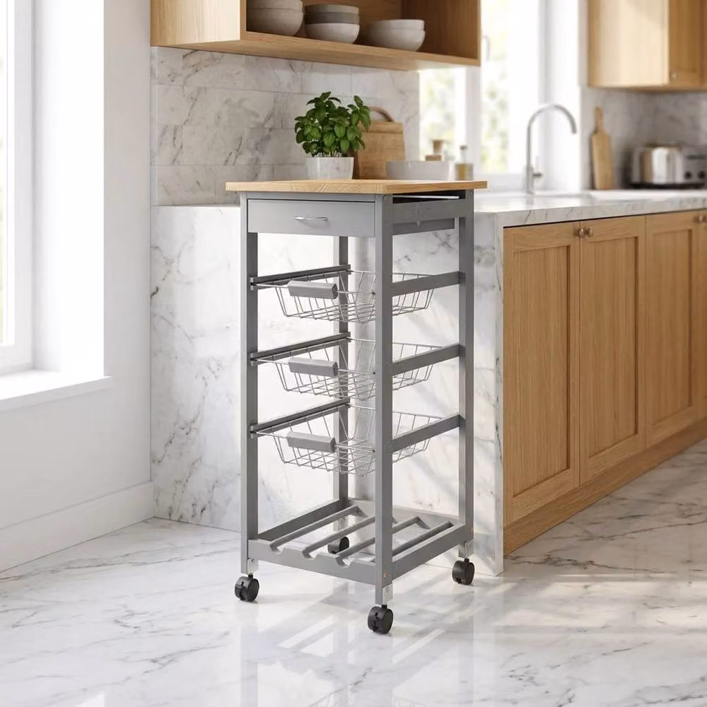 KORVIXA 3 Tier Kitchen Storage Cart Rolling Trolley with Bamboo Worktop, Grey and Multicolour, W/D/H: 100 x 100 x 100 cm – 2