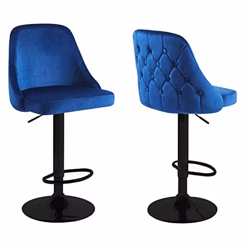 HYGRAD Set of 2 Velvet Swivel Bar Stools in Blue and Black – 1