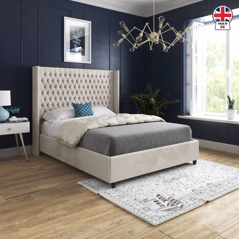 KDMD Welbury Winged Upholstered Designer Bed Frame in Beige Soft Velvet, Size: Single (90 x 200 cm) – 3