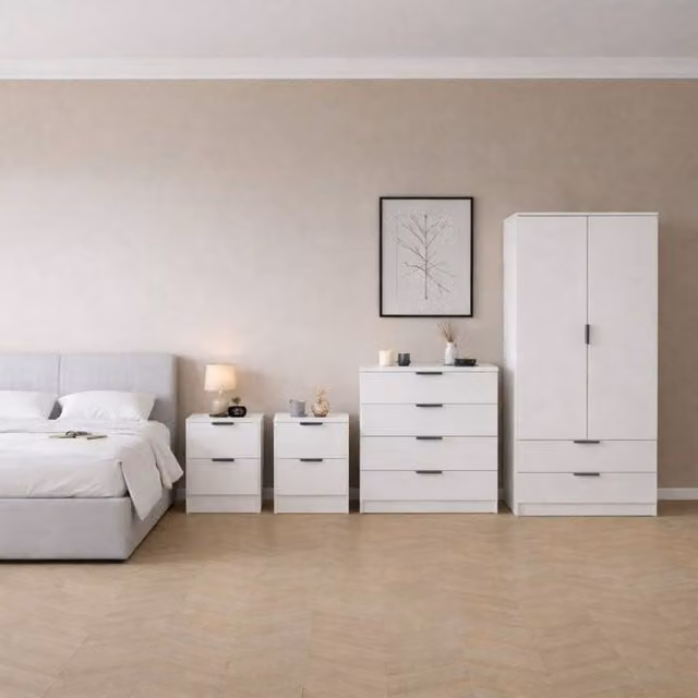 Vida Designs Trega 4-Piece White Bedroom Set including Wardrobe, 4-Drawer Chest and 2 Bedside Tables