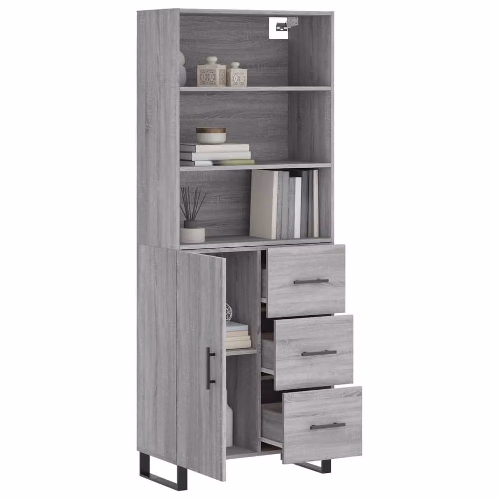 Berkfield Home Grey Sonoma Highboard with Hinged Doors and Internal Shelves, H 180 x W 69.5 x D 34 cm – 3