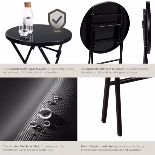 tectake Garden Bistro Set with Glass Top Round Table and 3 Chairs in Black – 5