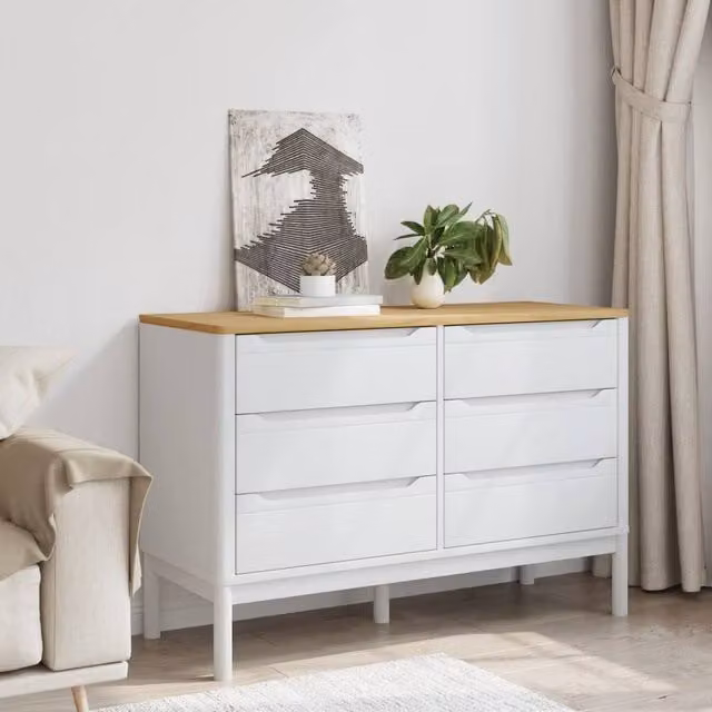 Berkfield Home Beautiful Floro White Solid Wood Pine Chest of Drawers W: 111.0 cm, D: 43.0 cm, H: 73.5 cm – 1