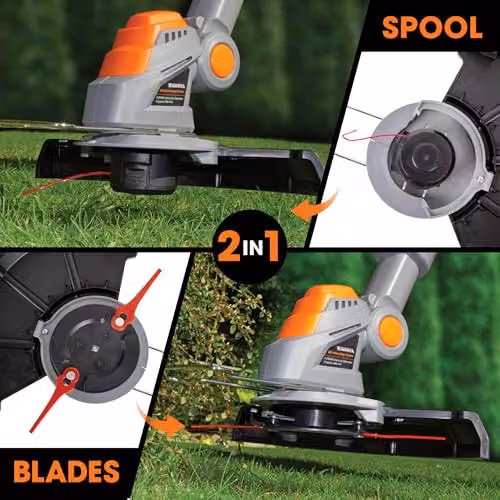 Terratek 20V Cordless Telescopic Strimmer in Orange and Grey with Blade, 2x Rechargeable Batteries and Quick Charger – 2