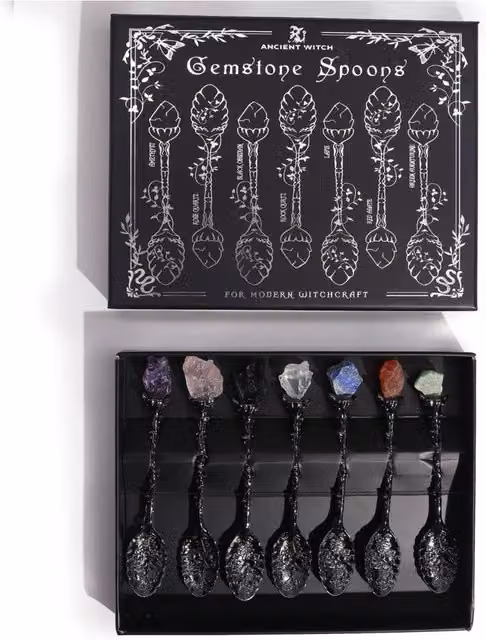 KDMD Set of 7 Dark Silver and Black Gemstone Crystal Witch Spoons for Rituals and Decor
