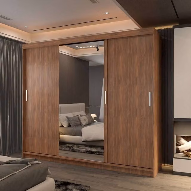 Sliding Wardrobes 4U Large Modern Mirror Wardrobe with Integrated LED Lighting in Brown Walnut, W: 250 cm, H: 217 cm