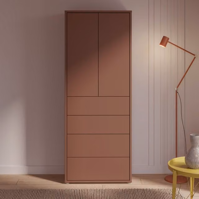 Furniture To Go Alice Springs Tall Storage Cabinet with Push-Open Doors, 4 Drawers and Internal Shelves in Sand and Orange
